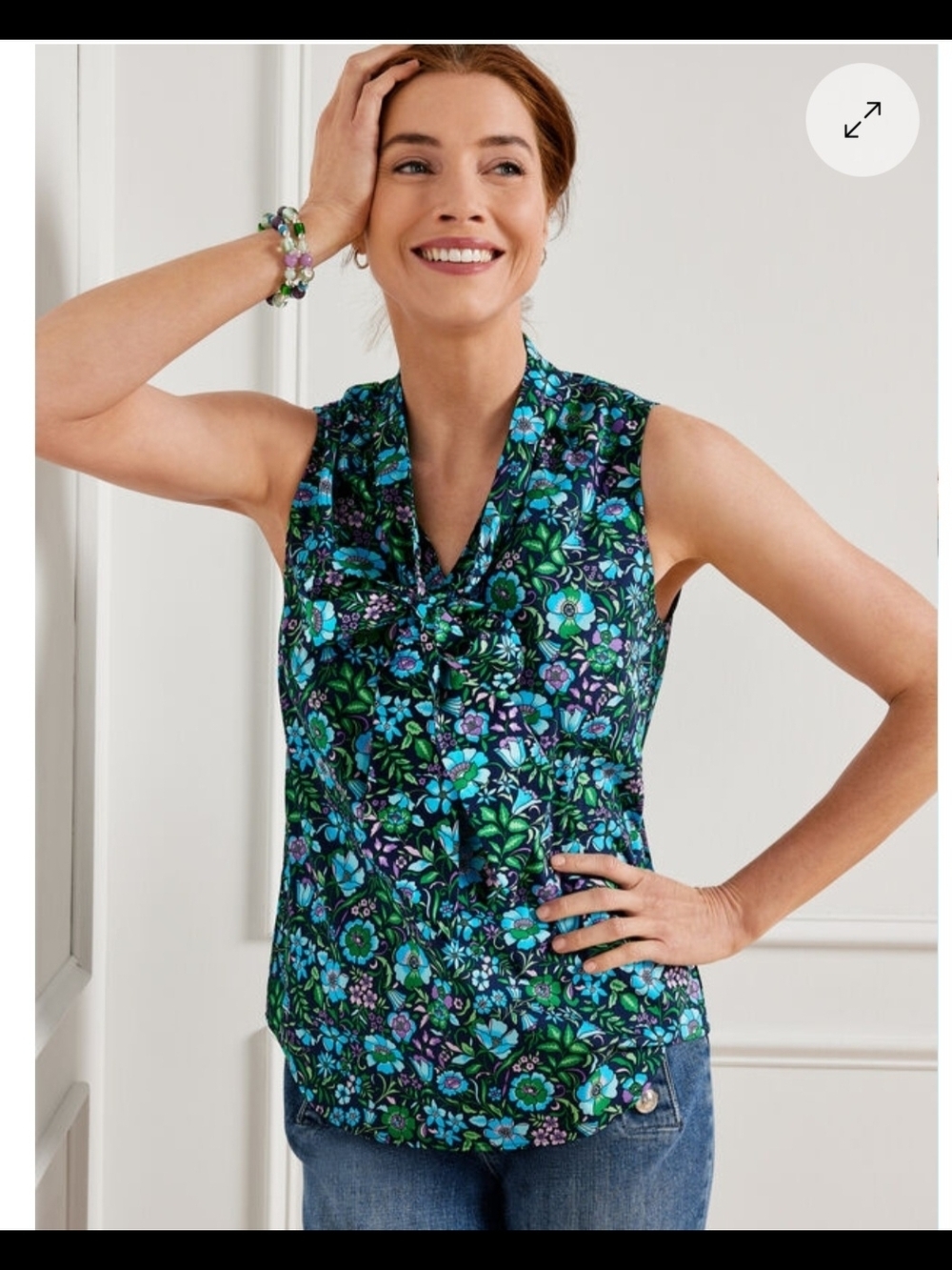 Talbots Green and Blue Floral Tie-Neck Sleeveless Camisole
